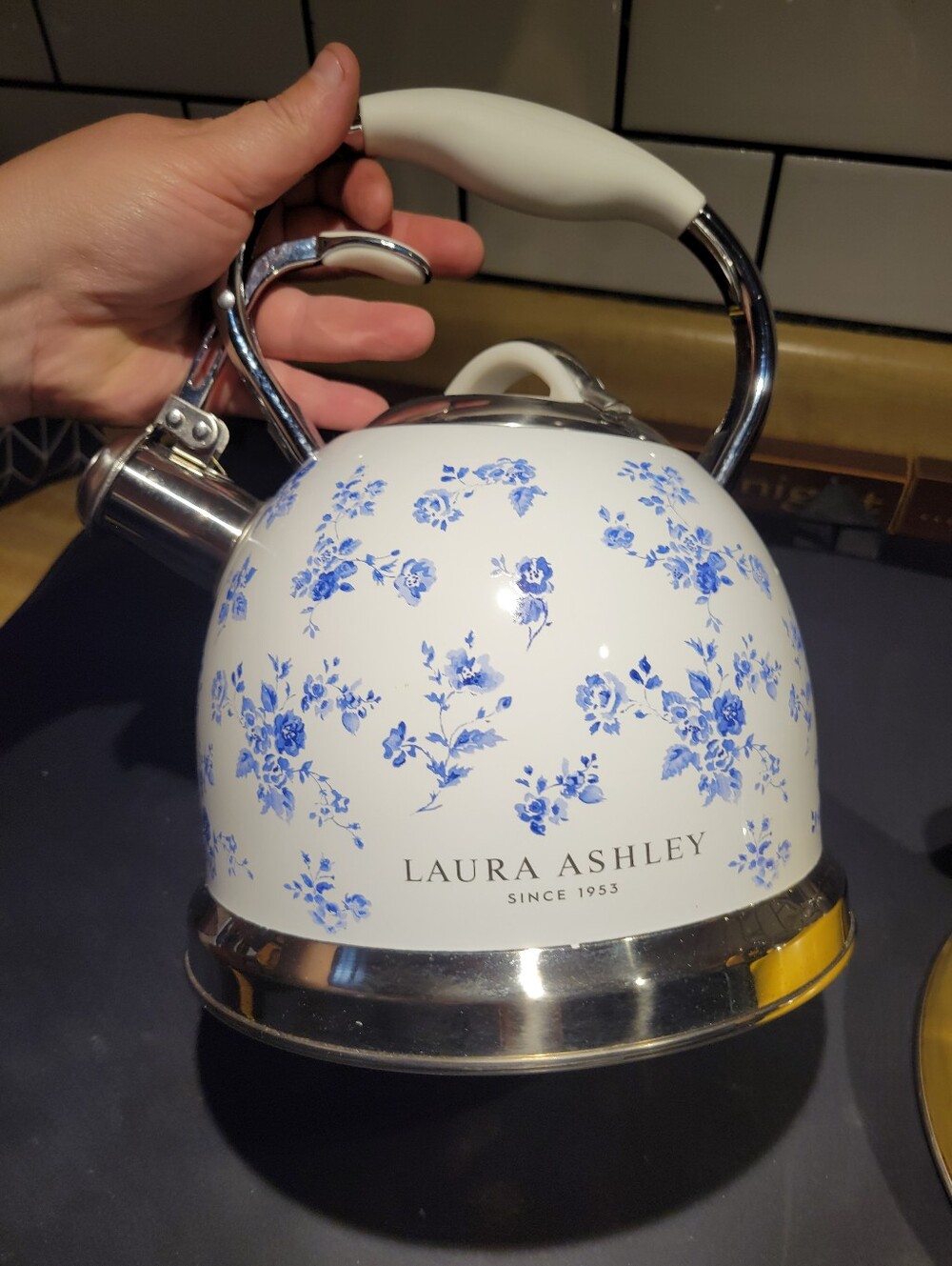 Laura Ashley China Rose Whistling Tea Kettle 10 Cup Stainless Steel Stovetop